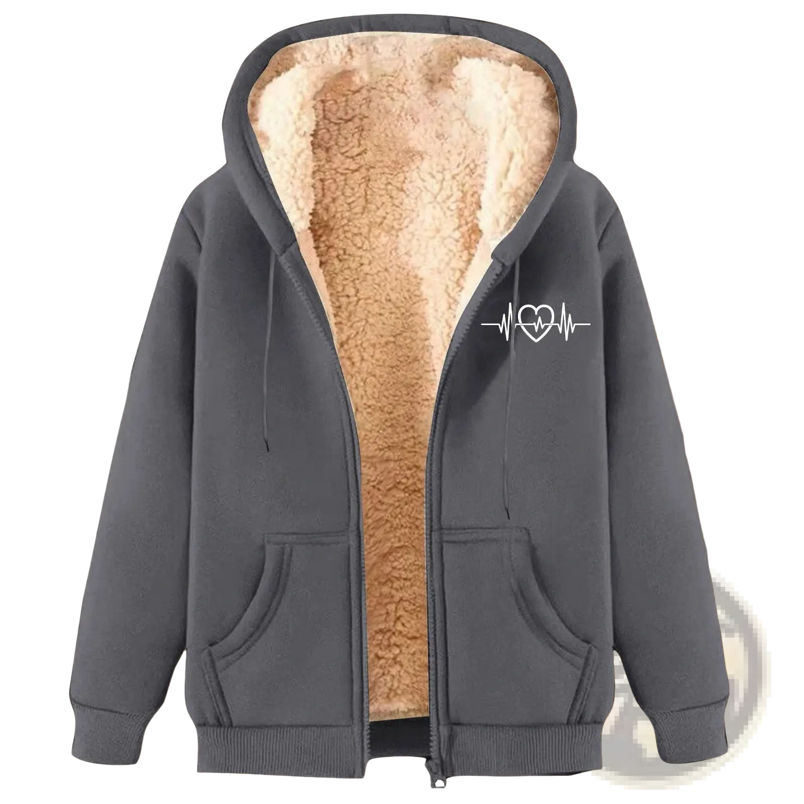 Men’s dark gray zip-up winter fleece hoodie with plush tan sherpa lining and white heartbeat heart design on chest