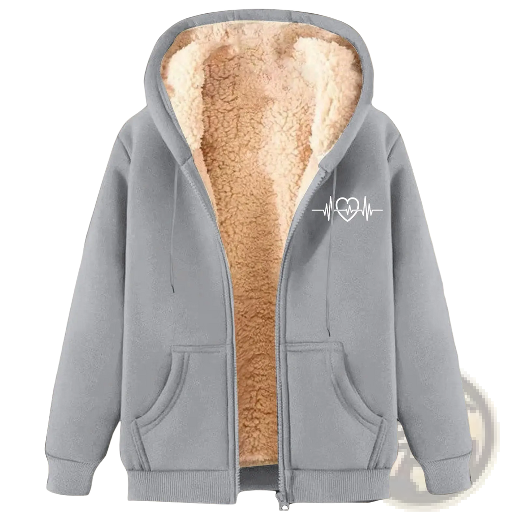 Men’s gray zip-up hoodie with plush beige sherpa lining and white heartbeat heart graphic on the chest
