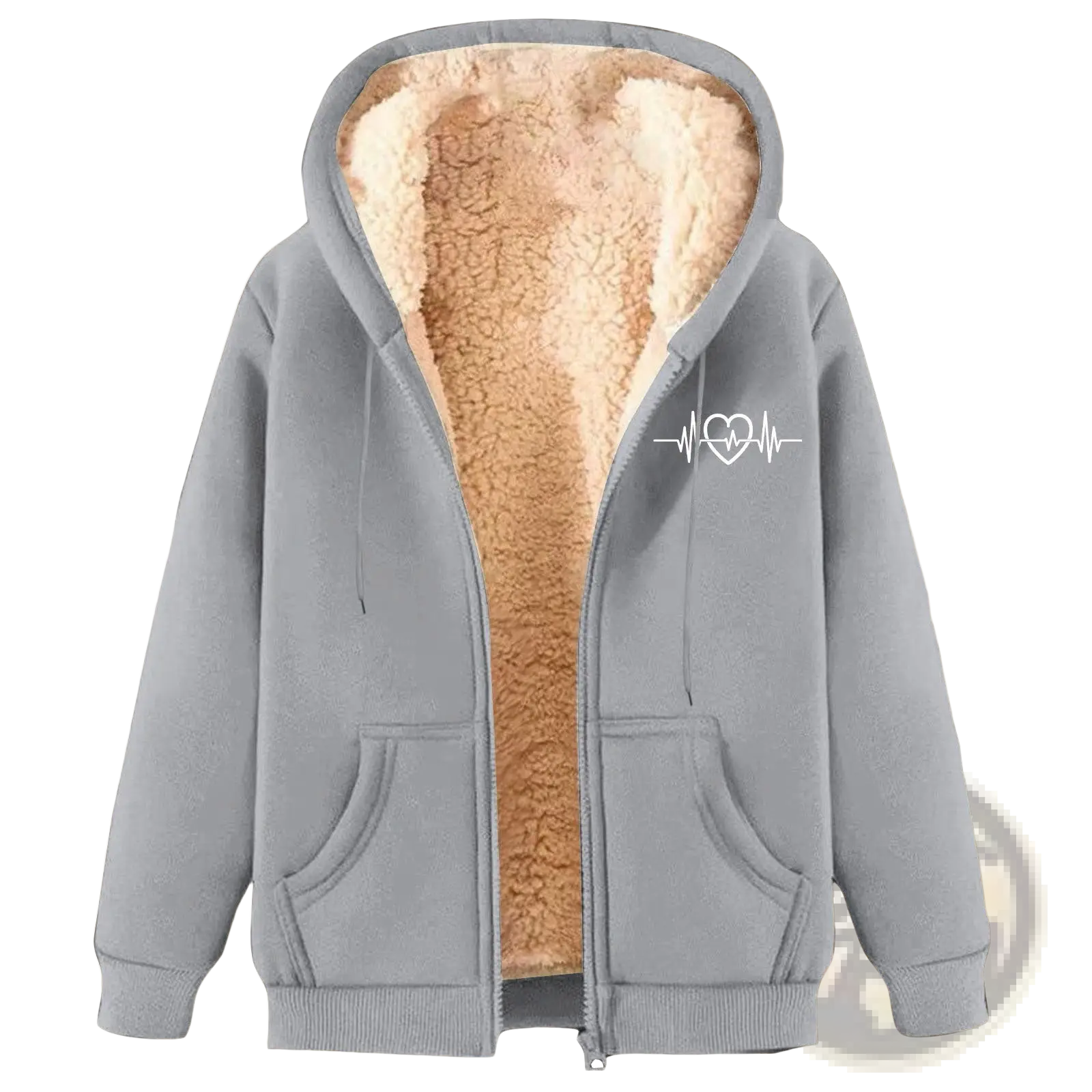 Men’s gray zip-up hoodie with plush beige sherpa lining and white heartbeat heart graphic on the chest