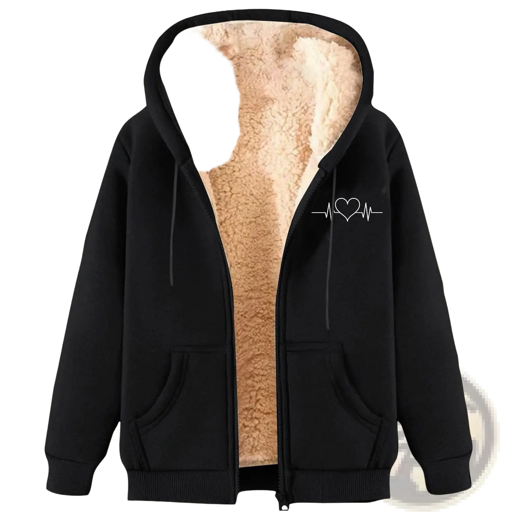 Men’s black zip-up winter fleece hoodie with plush beige sherpa lining and white heart-shaped heartbeat design on chest