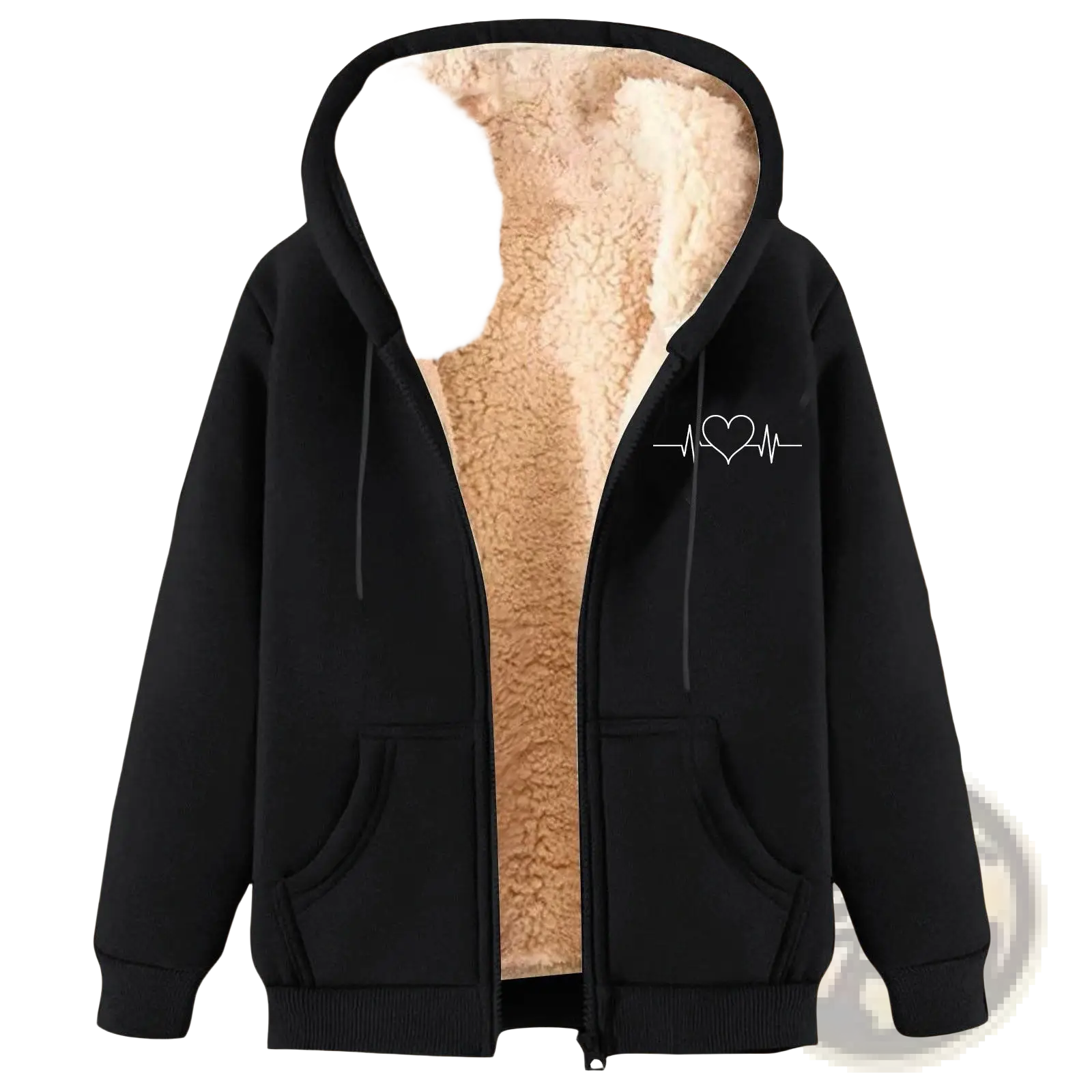 Men’s black zip-up winter fleece hoodie with plush beige sherpa lining and white heart-shaped heartbeat design on chest