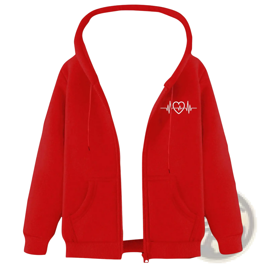 Men’s red zip-up winter fleece hoodie with white heartbeat heart design and plush beige sherpa lining