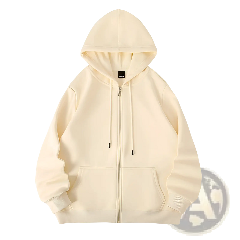 Men’s heavyweight plus size fleece zip hoodie in cream with soft smooth fabric and ribbed cuffs and hem