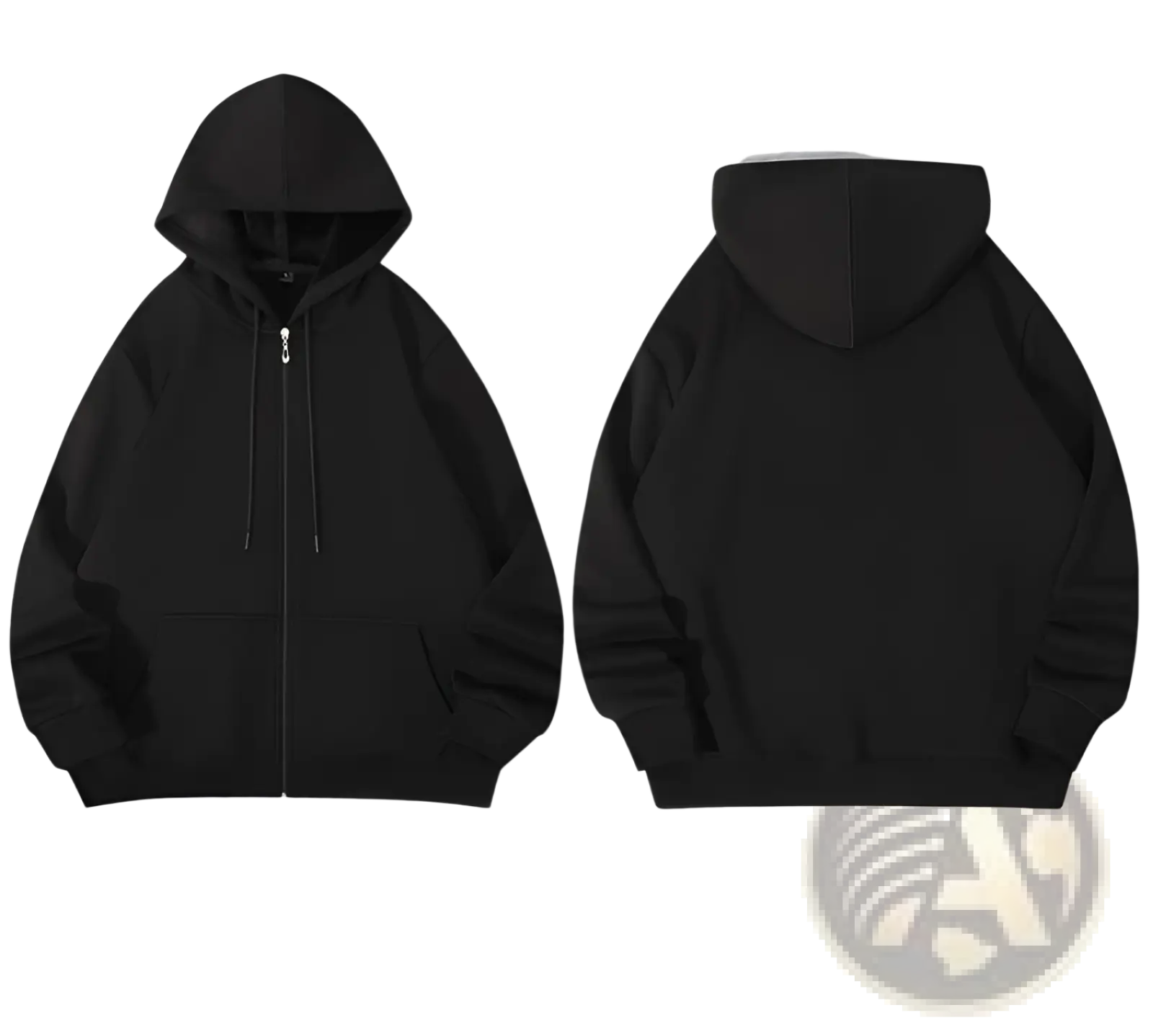 Men’s heavyweight plus size fleece zip hoodie in black with front zipper closure, hood, and drawstrings