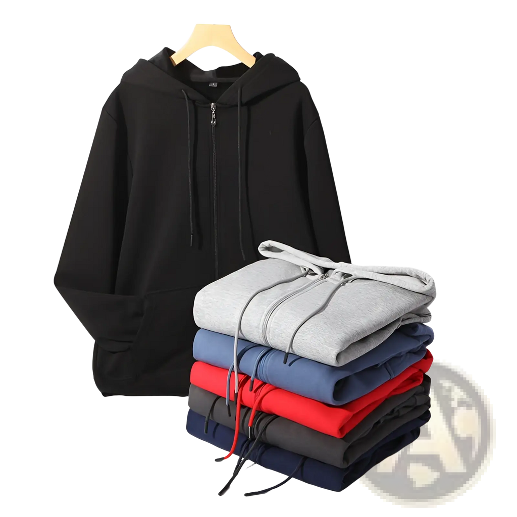 Black heavyweight plus size fleece zip hoodie with drawstrings hanging on wooden hanger front view