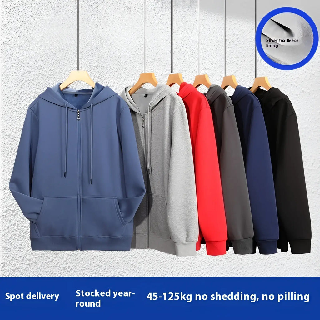 Men’s heavyweight plus size zip hoodie in blue with silver fox fleece lining for warmth and comfort
