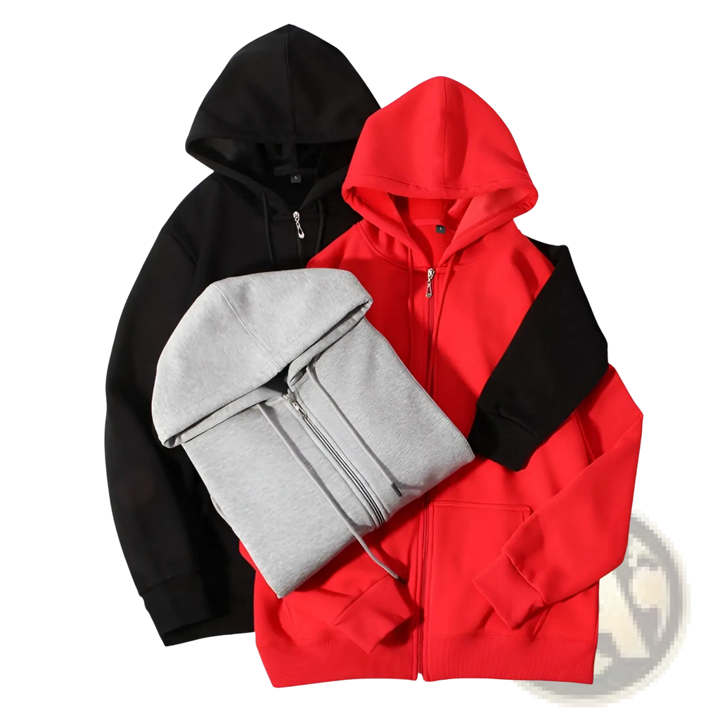Men’s heavyweight plus size fleece zip hoodie in red black and grey made of soft breathable fleece fabric