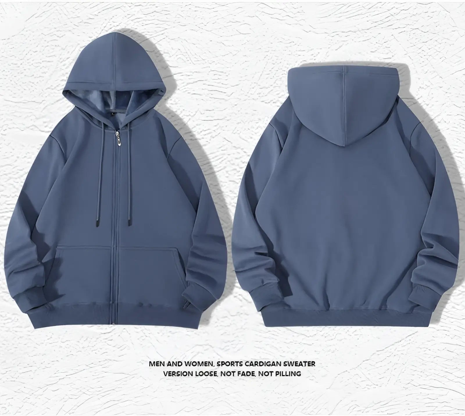 Men’s heavyweight plus size navy blue fleece zip hoodie with hood, front pockets, and drawstrings for warmth and comfort