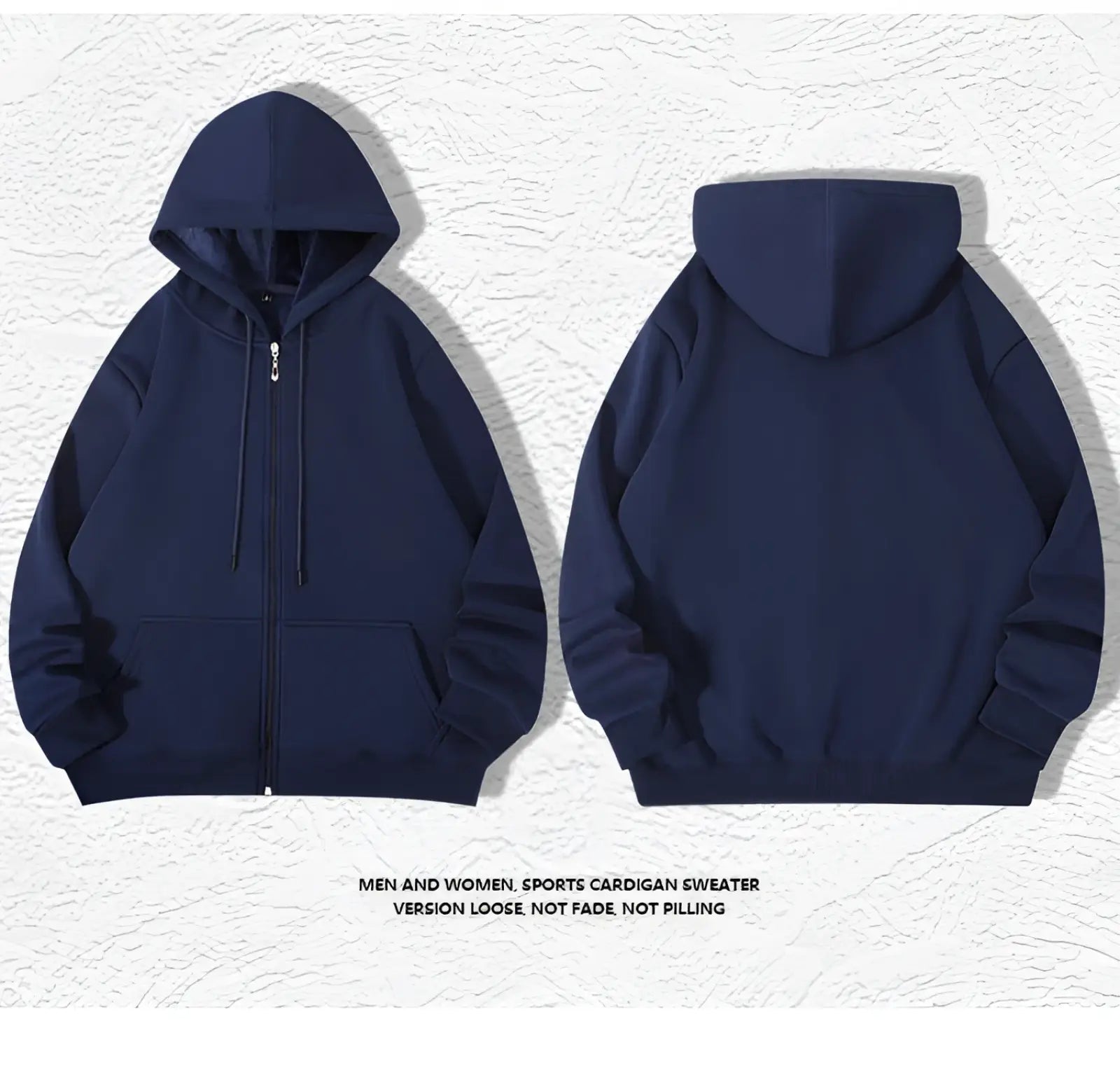 Men’s heavyweight plus size fleece zip hoodie in navy blue with loose fit and front pockets for casual wear