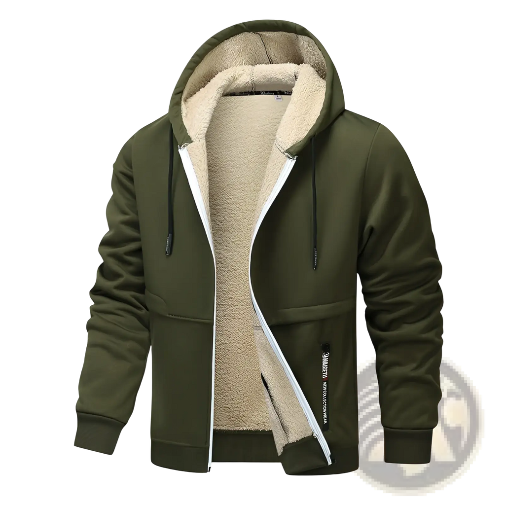 Men’s olive green heavyweight sherpa lined fleece zip up hoodie with plush beige lining and black drawstrings