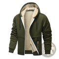 Men’s olive green heavyweight sherpa lined fleece zip up hoodie with plush beige lining and black drawstrings