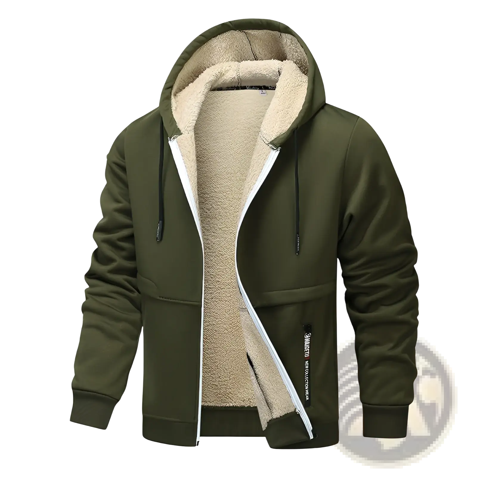 Men’s olive green heavyweight sherpa lined fleece zip up hoodie with plush beige lining and black drawstrings