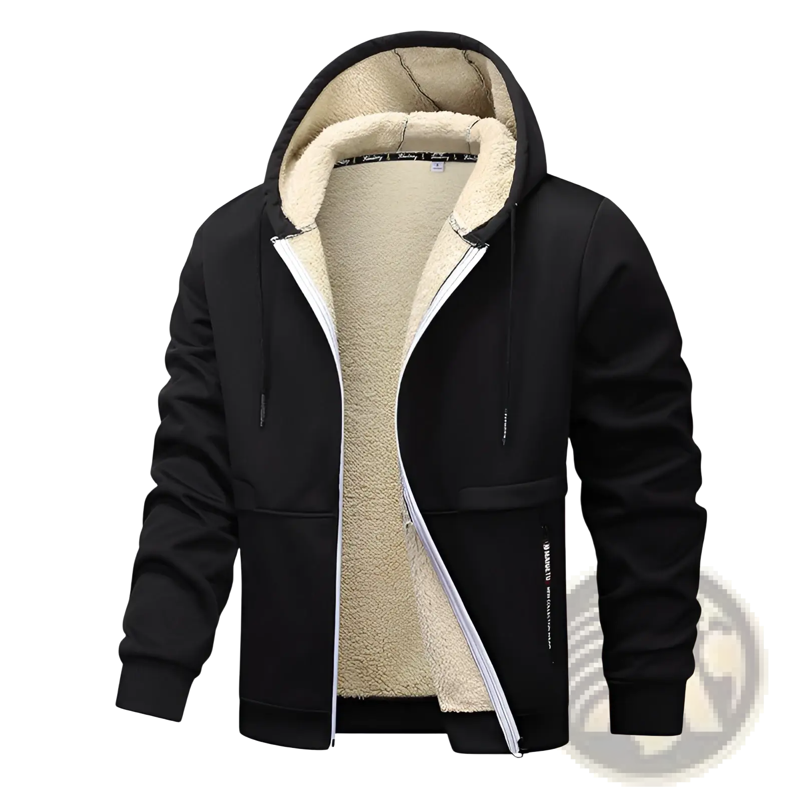 Men’s black heavyweight sherpa lined fleece zip up hoodie with plush beige lining and white zipper trim