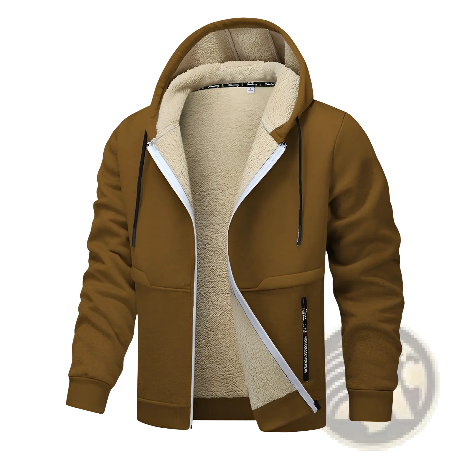 Men’s heavyweight sherpa lined fleece zip up hoodie in brown with cream interior lining and black drawstrings