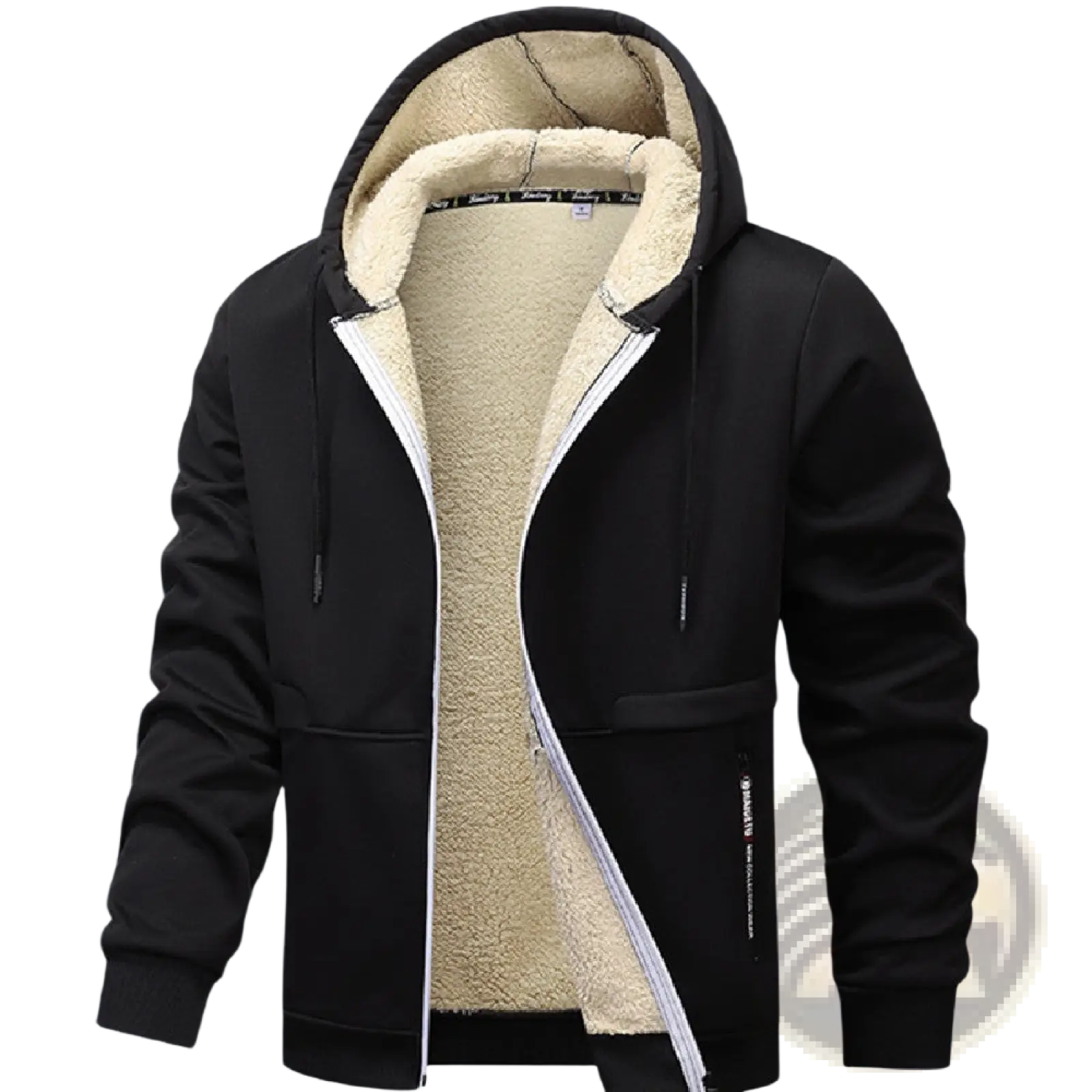 Men’s heavyweight black zip up hoodie with plush beige sherpa lining and white zipper trim made of fleece