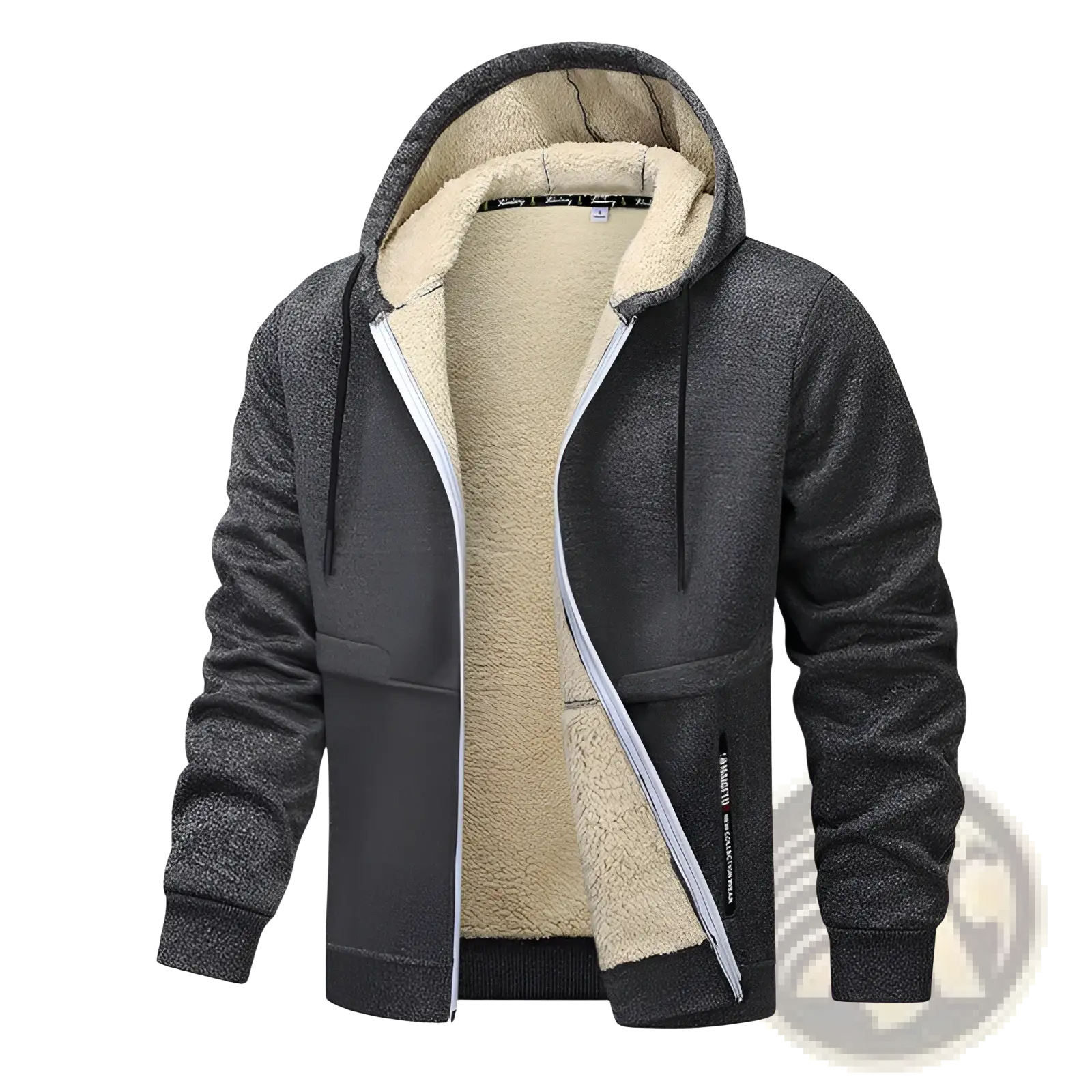 Men’s heavyweight dark gray zip up hoodie with plush beige sherpa lining and matching drawstrings made of fleece