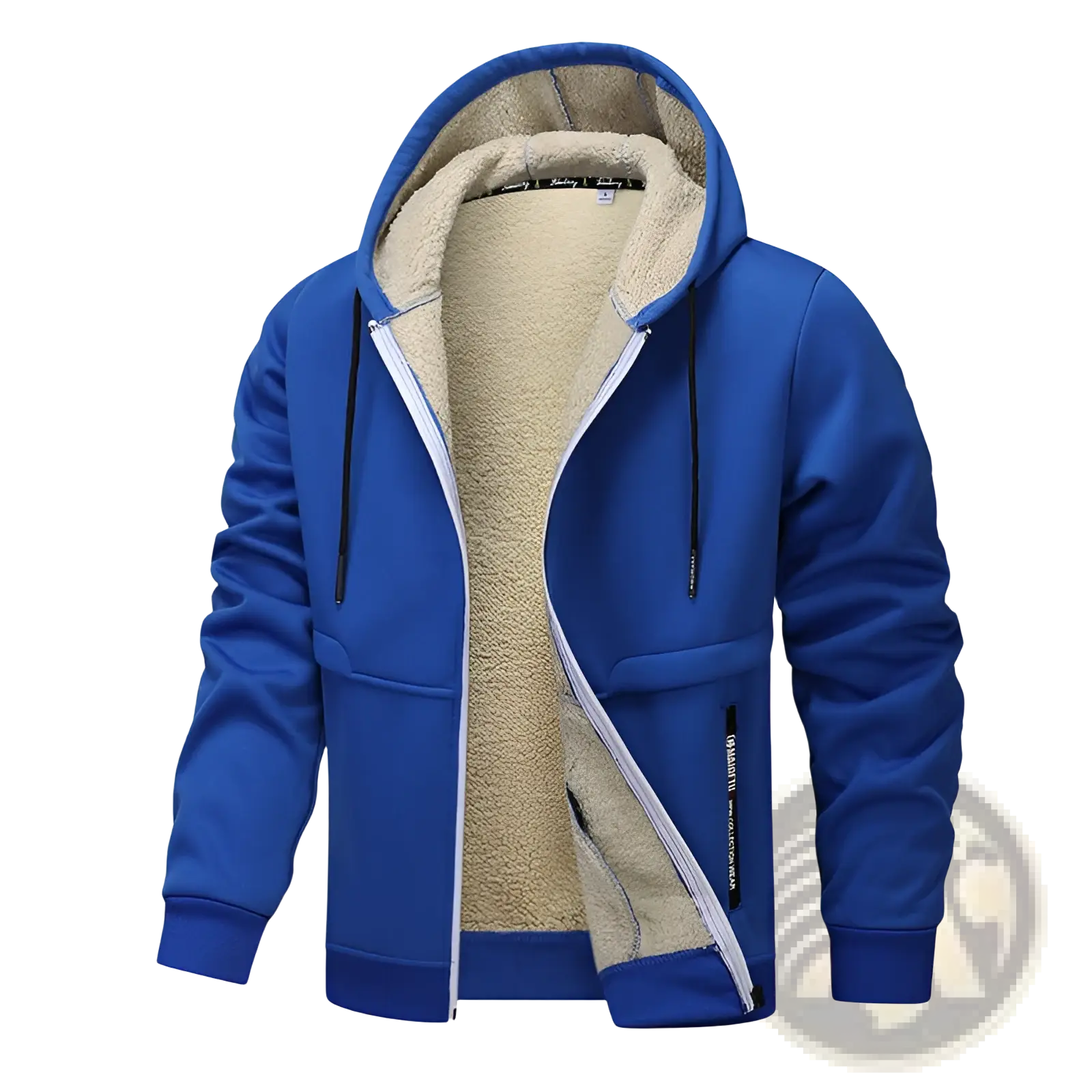 Men’s heavyweight sherpa lined fleece zip up hoodie in blue with plush beige lining and black drawstrings