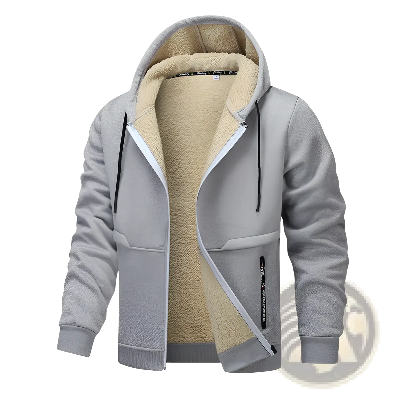 Men’s heavyweight sherpa lined gray fleece zip up hoodie with black drawstrings and white zipper trim