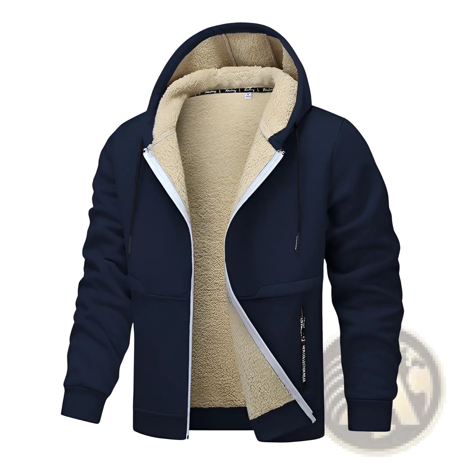 Men’s heavyweight navy blue zip-up hoodie with plush beige sherpa lining and white zipper trim fleece jacket