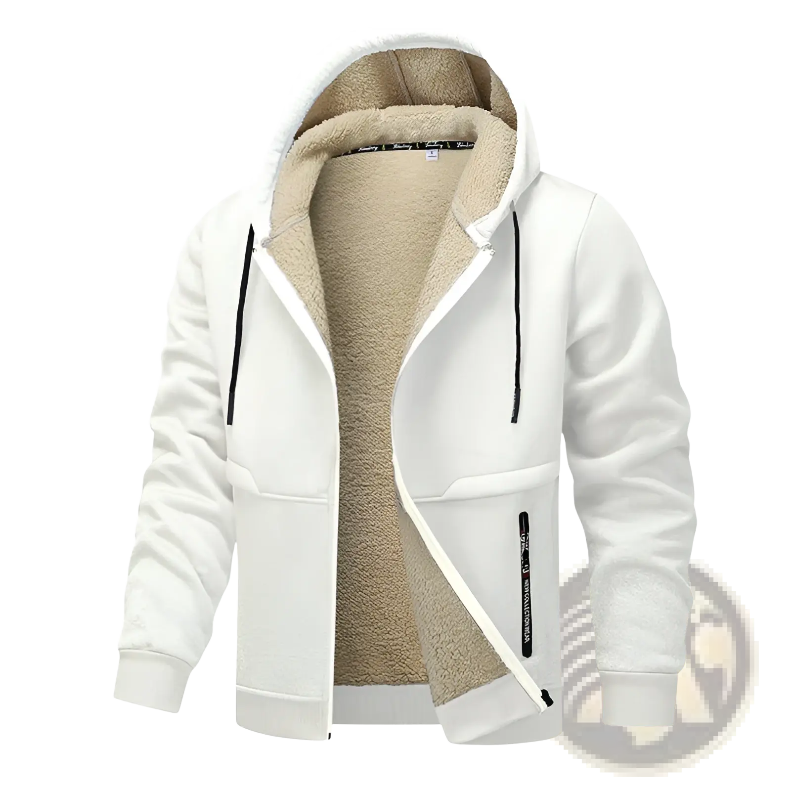 Men’s heavyweight sherpa lined fleece zip up hoodie in white with plush beige lining and black drawstrings
