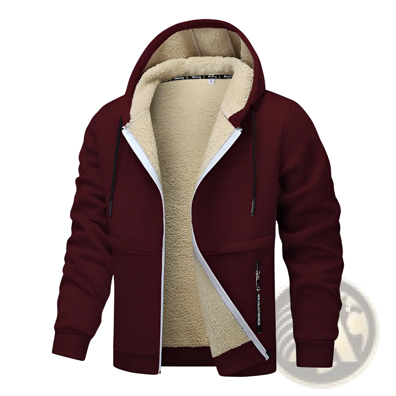 Men’s heavyweight maroon zip-up hoodie with plush beige sherpa lining and white zipper trim made of fleece material