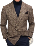 Men’s brown and beige herringbone wool double-breasted knit blazer with matching pocket square