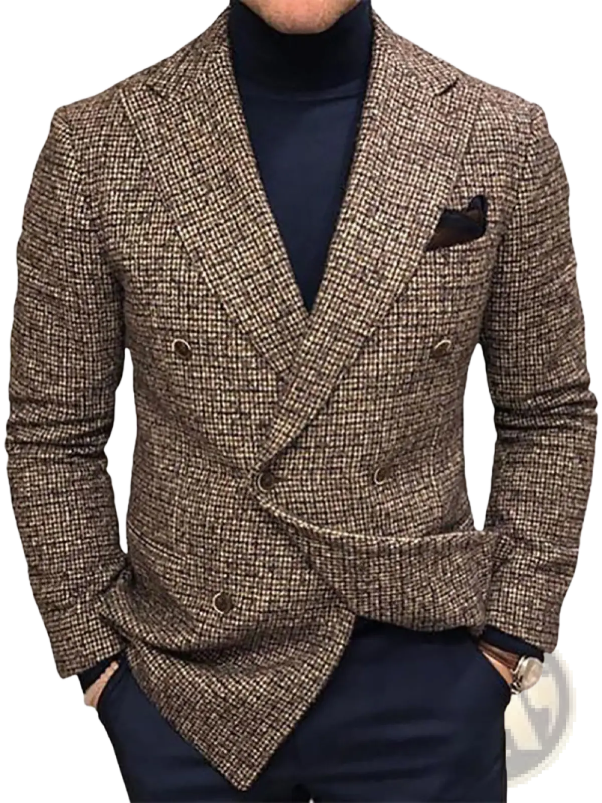 Men’s brown and beige herringbone wool double-breasted knit blazer with matching pocket square