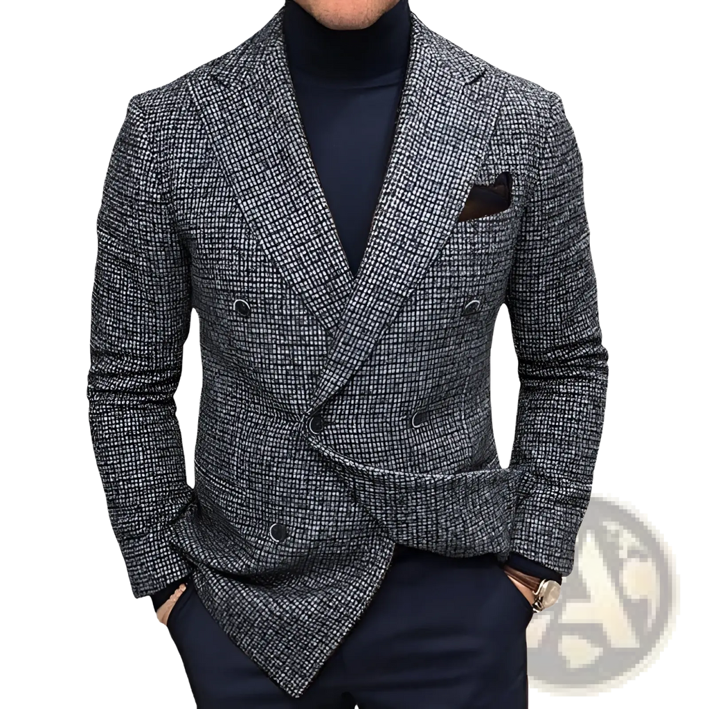 A stylish gray and black herringbone double breasted knit blazer for men with a modern tailored fit