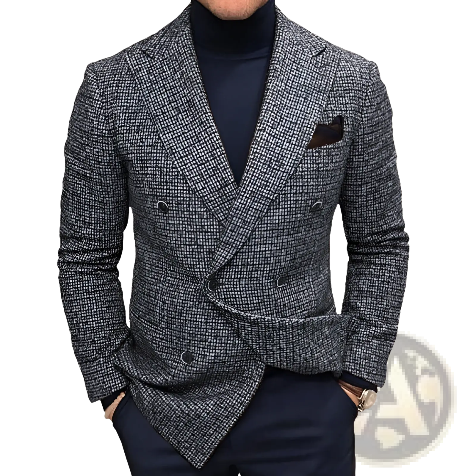 A stylish gray and black herringbone double breasted knit blazer with subtle textured weave for men