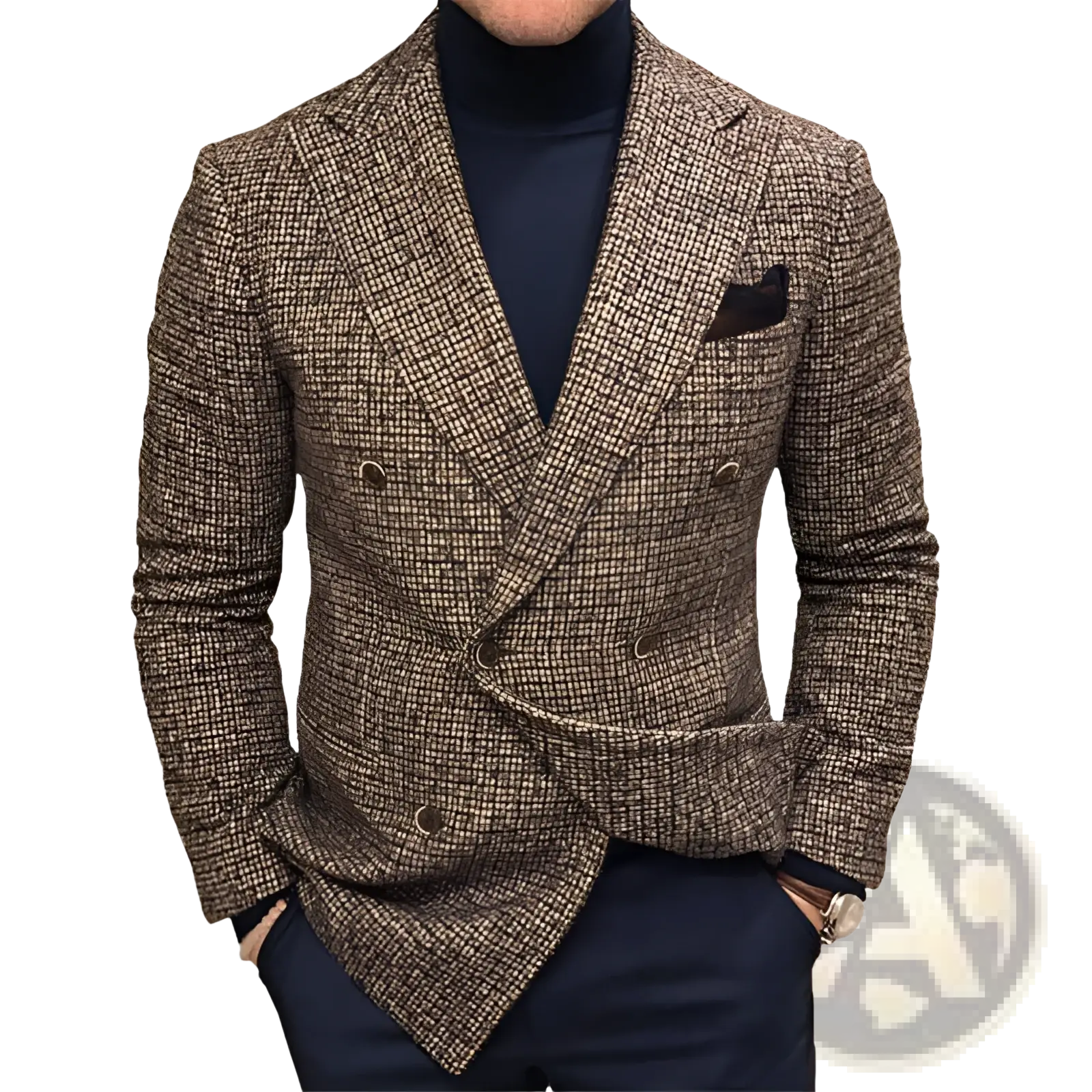Men’s brown and beige herringbone wool double breasted knit blazer with dark brown pocket square