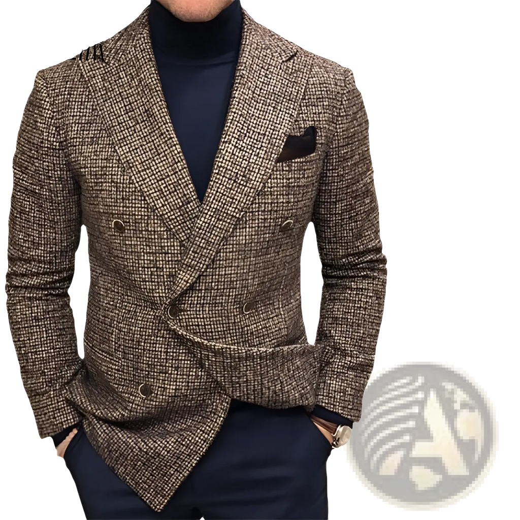Men’s brown and beige herringbone double breasted knit blazer with a classic tailored fit and textured pattern