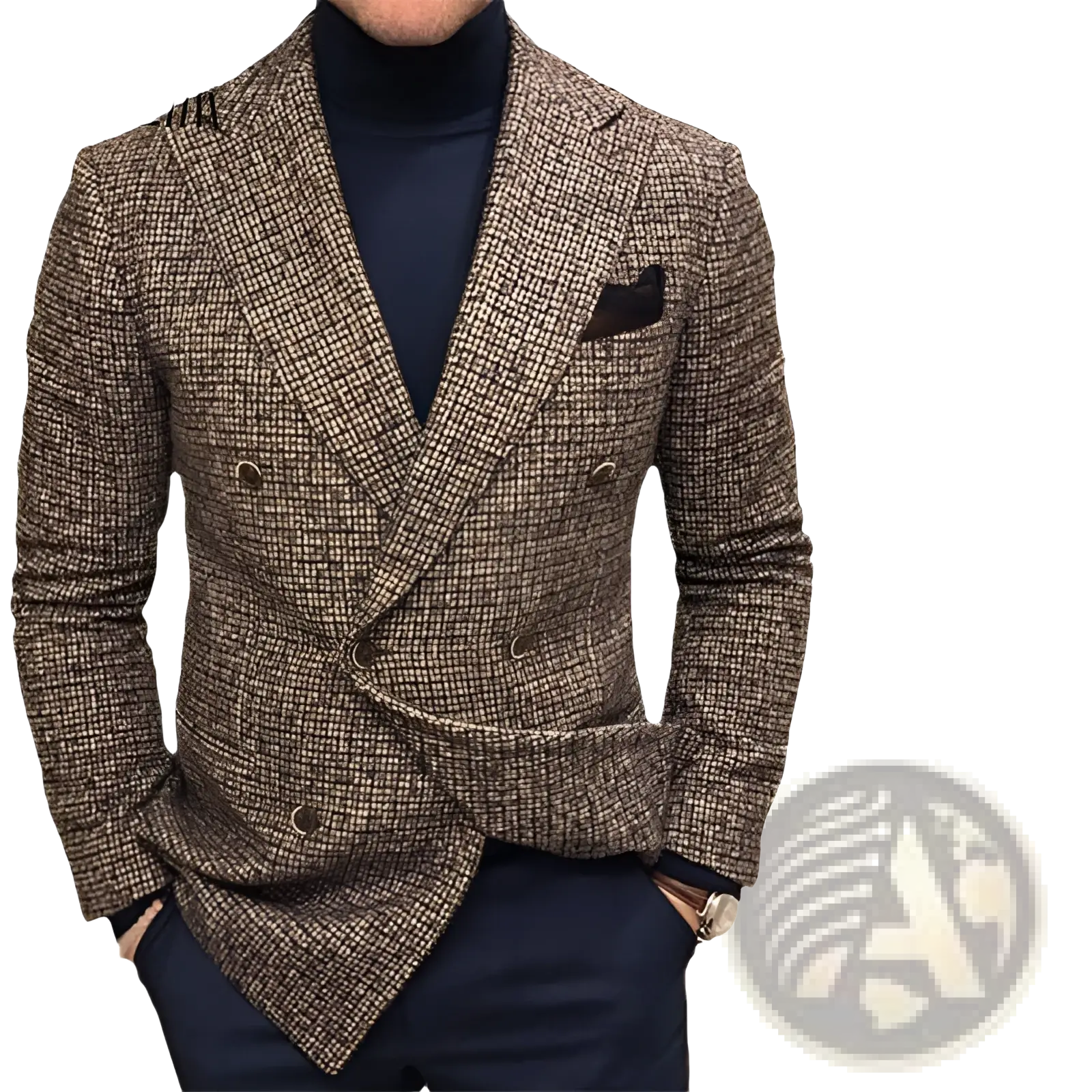 Men’s brown and beige herringbone double breasted knit blazer with a classic tailored fit and textured pattern