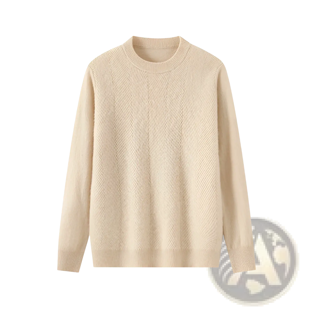 Beige herringbone-knit cashmere pullover sweater for men with ribbed cuffs and hem in crewneck style