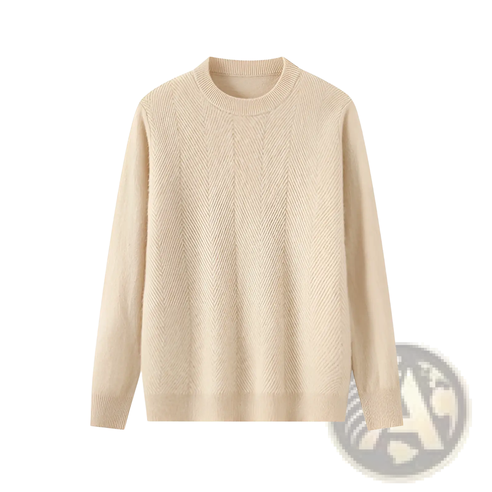 Beige herringbone-knit cashmere pullover sweater for men with ribbed cuffs and hem in crewneck style