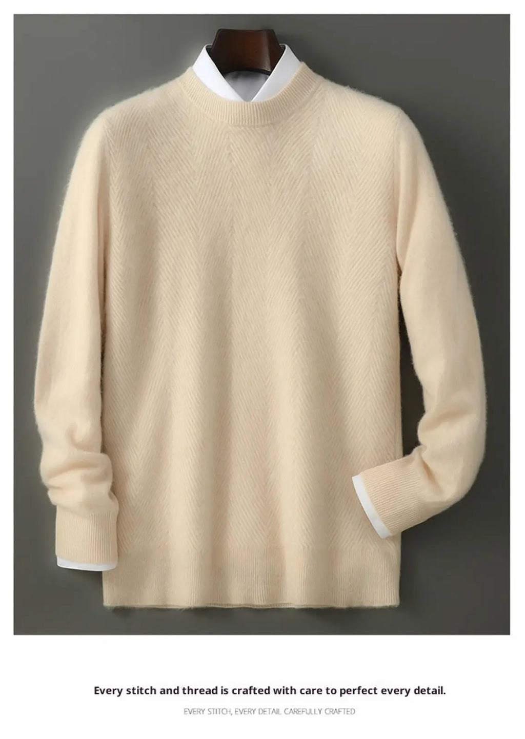 Men’s cream-colored cashmere pullover sweater with herringbone knit and white ribbed cuffs and collar