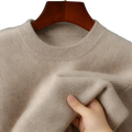Beige cashmere men’s herringbone knit pullover sweater with ribbed crew neck and subtle textured pattern