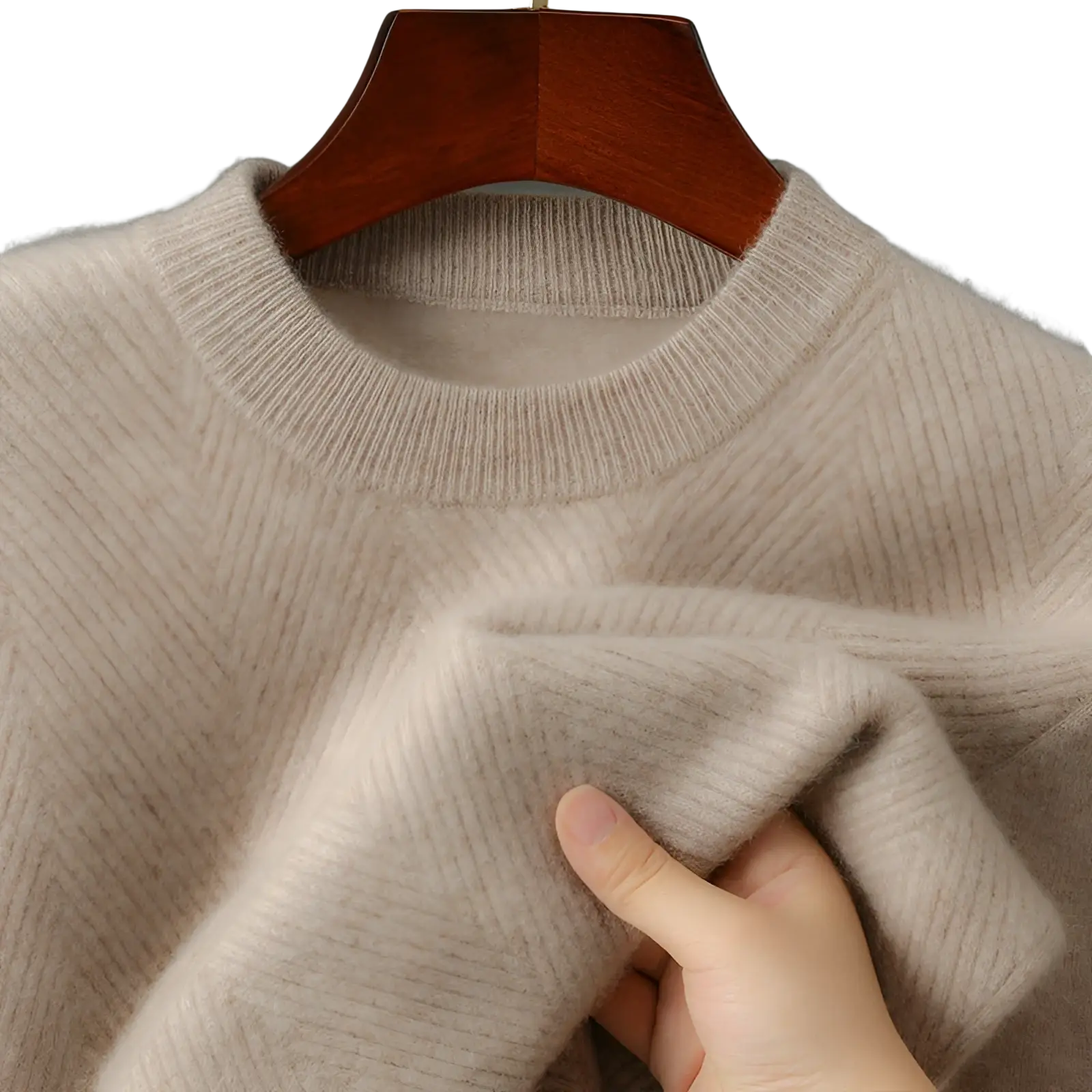 Beige cashmere men’s herringbone knit pullover sweater with ribbed crew neck and subtle textured pattern