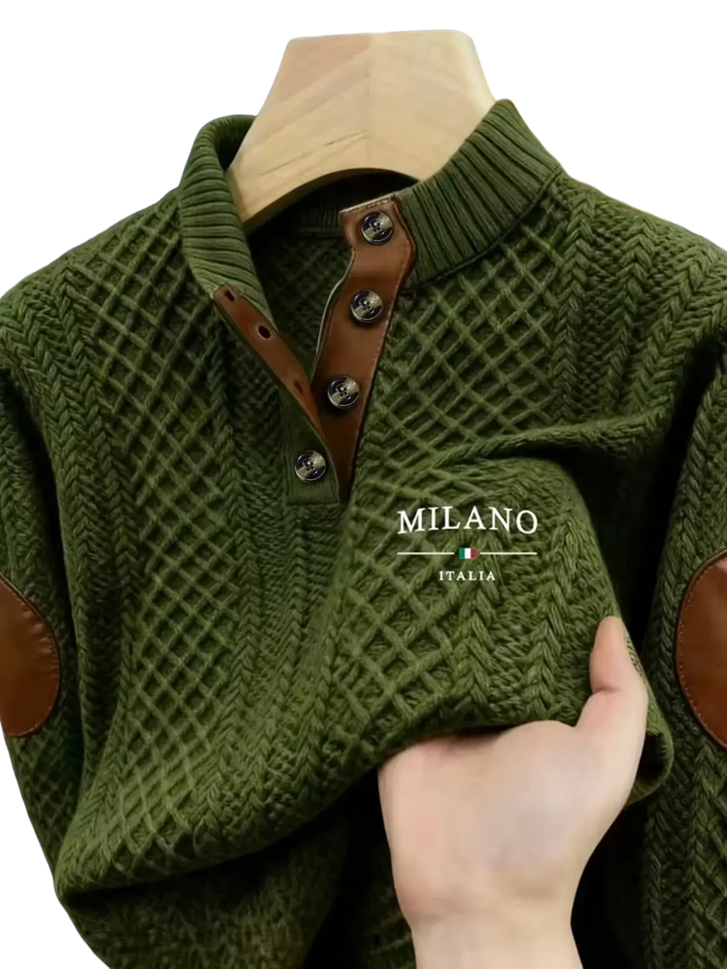 Men’s olive green herringbone knit hoodie sweater with brown leather patch accents and button details by Milano Italia