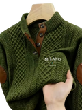 Men’s olive green herringbone knit hoodie sweater with brown leather patch accents and button details by Milano Italia
