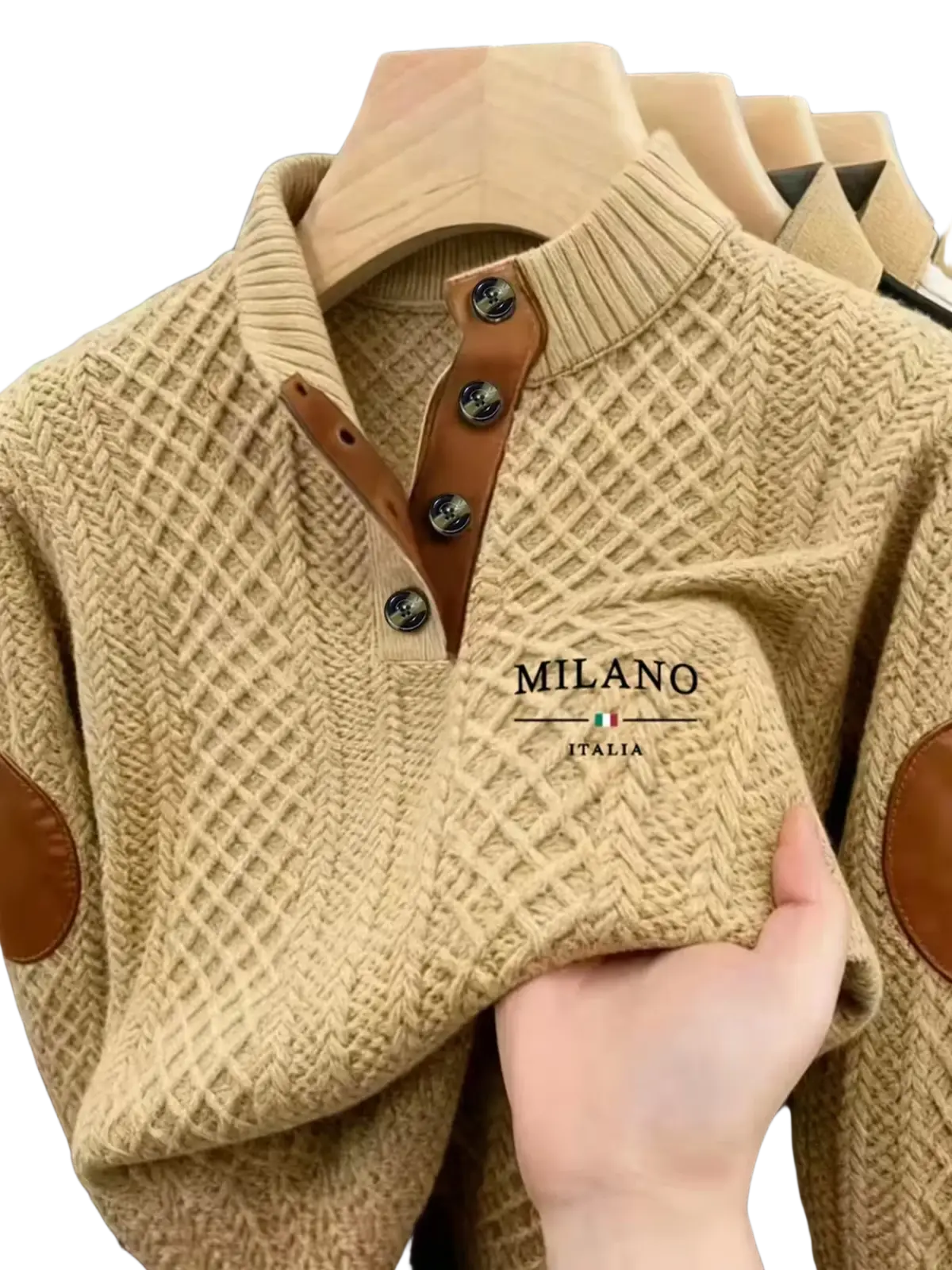 Beige men’s herringbone knit hoodie sweater with brown leather patch accents and milano italia branding