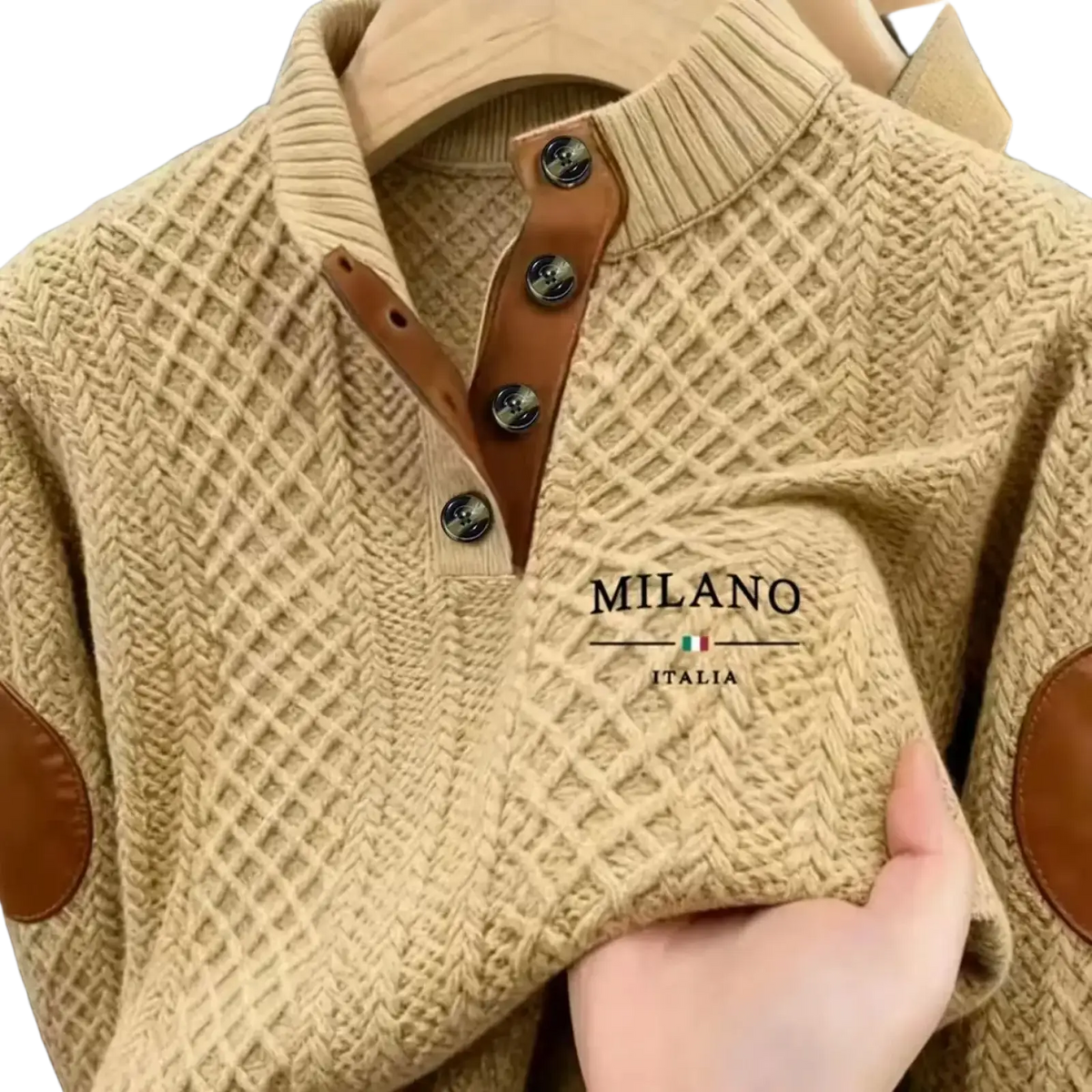 Men’s beige herringbone knit hoodie sweater with brown leather patches and silver-toned buttons for casual warmth