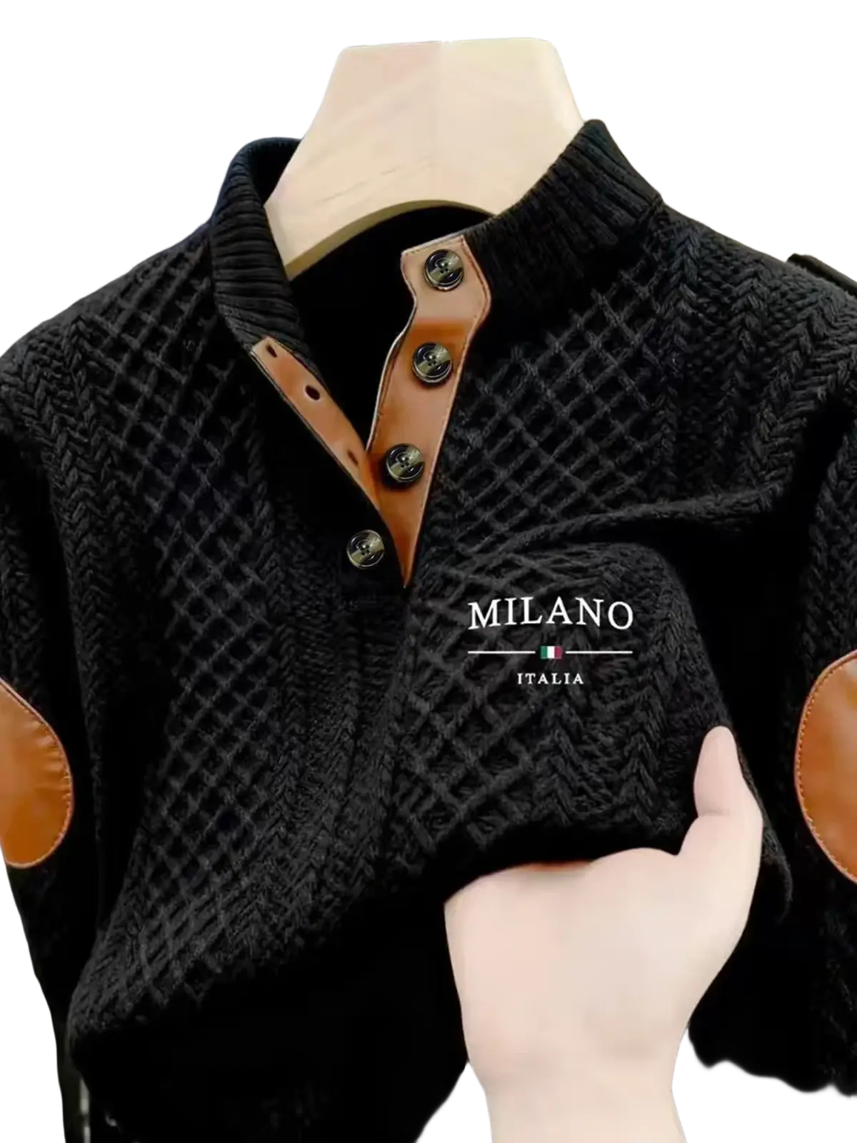 Black milano italia knit herringbone sweater with brown leather collar accents and metallic buttons for casual wear