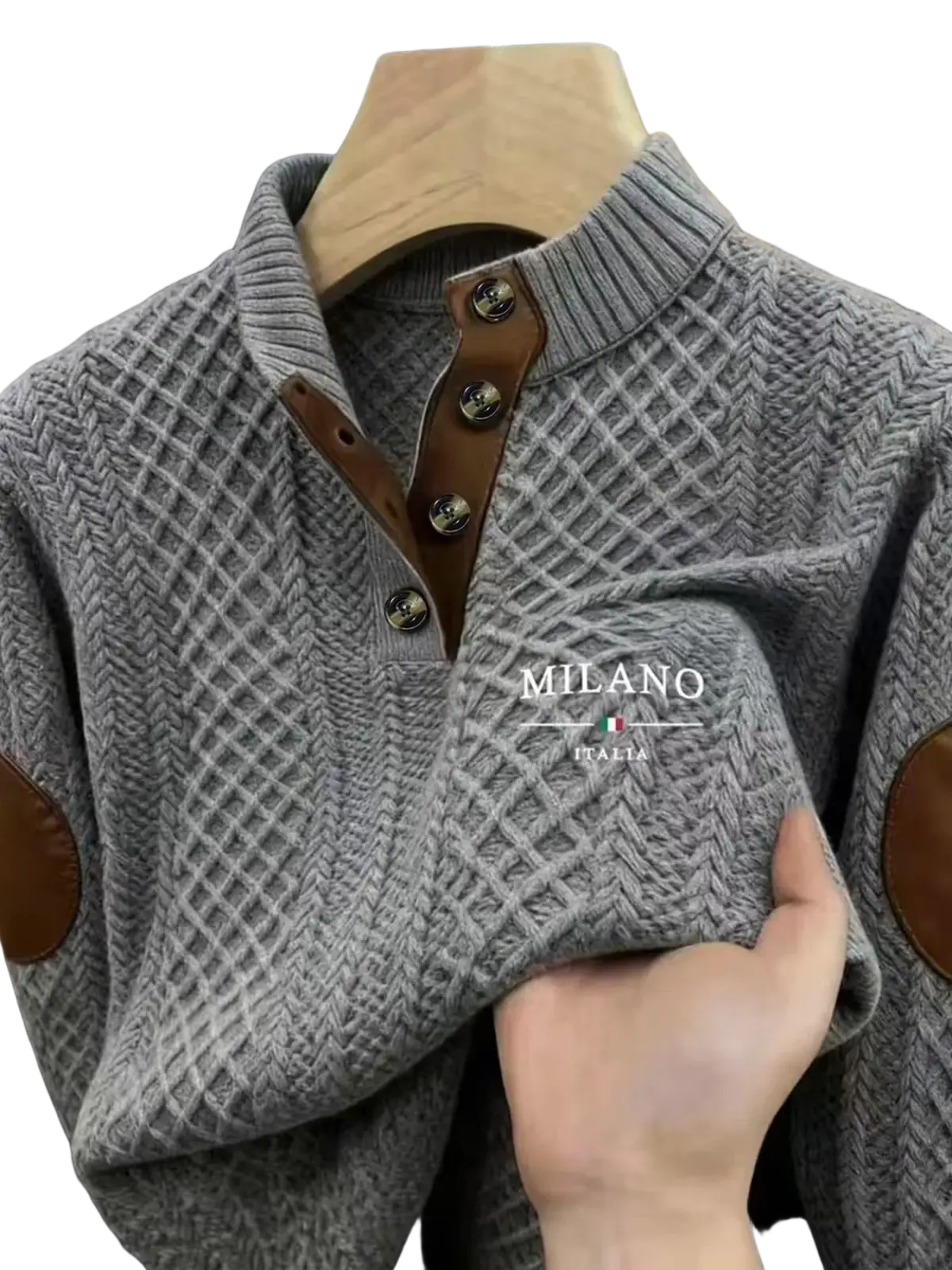 Men’s gray herringbone knit hoodie sweater with brown leather patches and button accents by Milano Italia