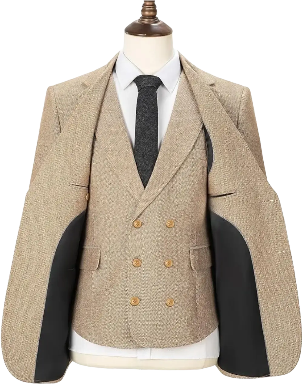 Beige double-breasted wool mens herringbone tweed 3 piece suit with gold buttons and black lining size chart
