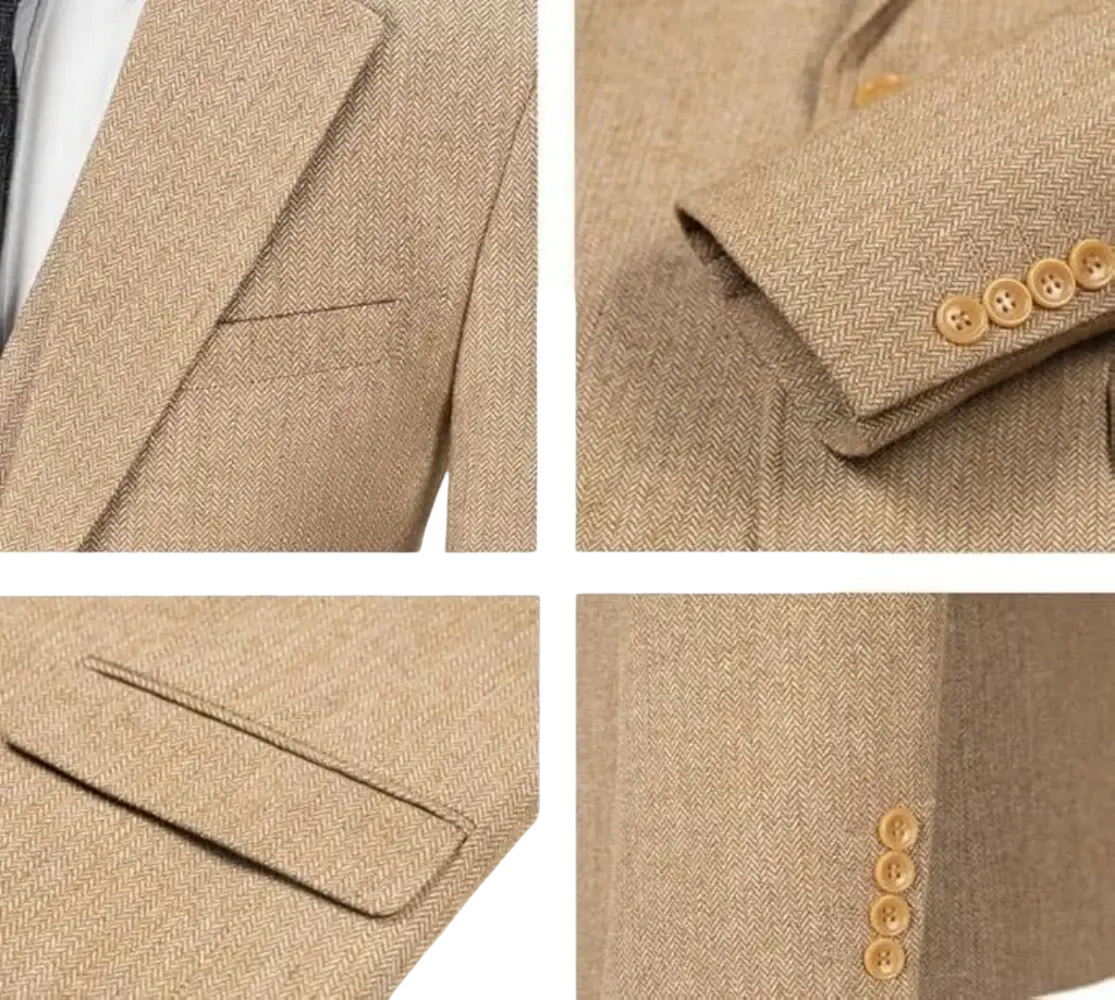 Beige herringbone wool blazer with tan wooden buttons shown in the mens herringbone tweed 3 piece suit size chart
