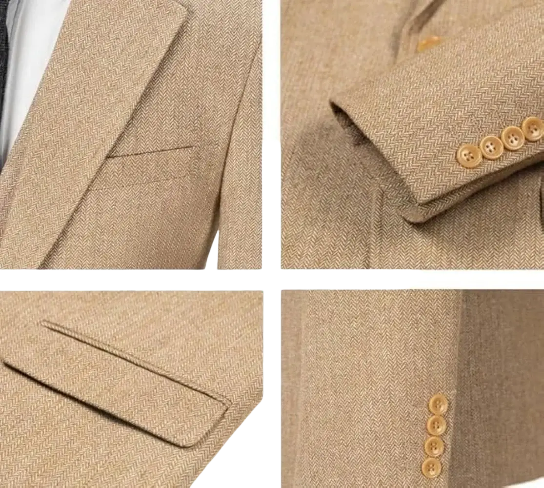 Beige herringbone wool blazer with tan wooden buttons shown in the mens herringbone tweed 3 piece suit size chart