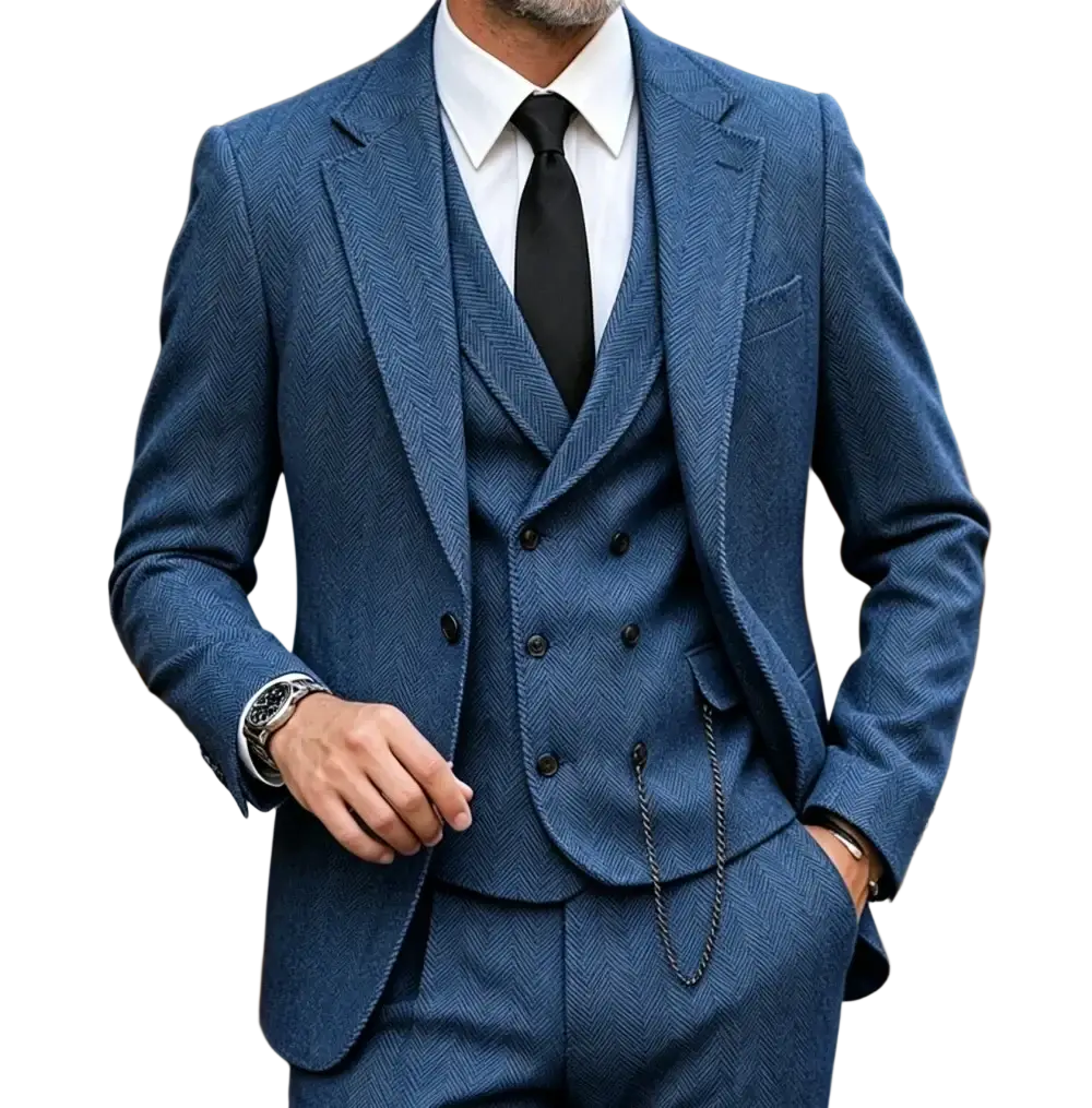 Blue herringbone tweed three-piece suit with notched lapel and double-breasted vest displayed in mens size chart