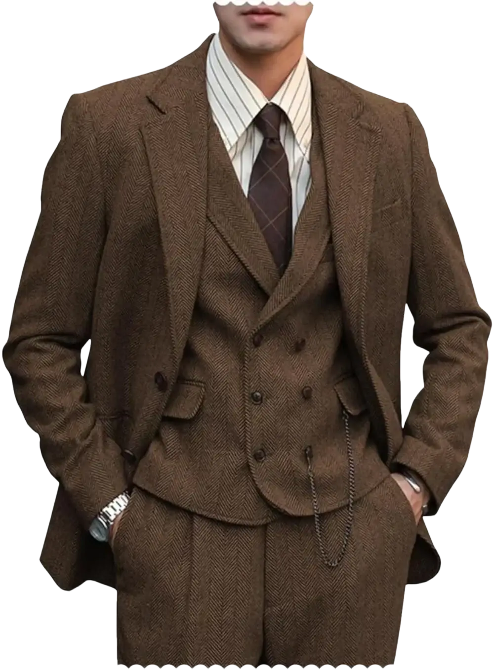 Brown herringbone wool mens three-piece suit with double-breasted vest and matching trousers size chart overview