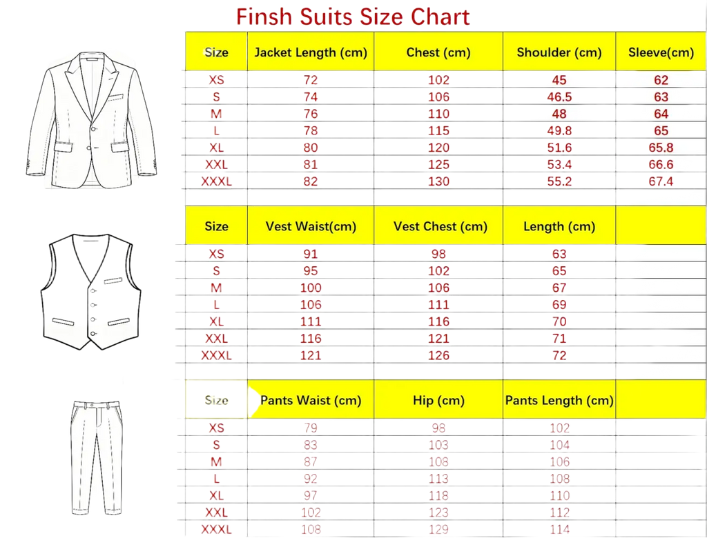 Mens herringbone tweed 3 piece suit size chart showing jacket vest and pants measurements from xs to xxxl