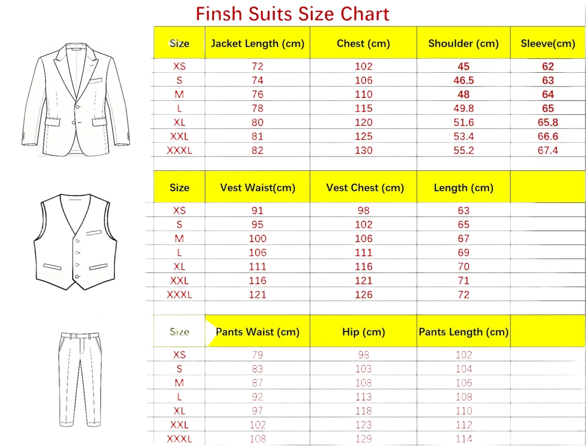 Mens herringbone tweed 3 piece suit size chart showing jacket vest and pants measurements from xs to xxxl
